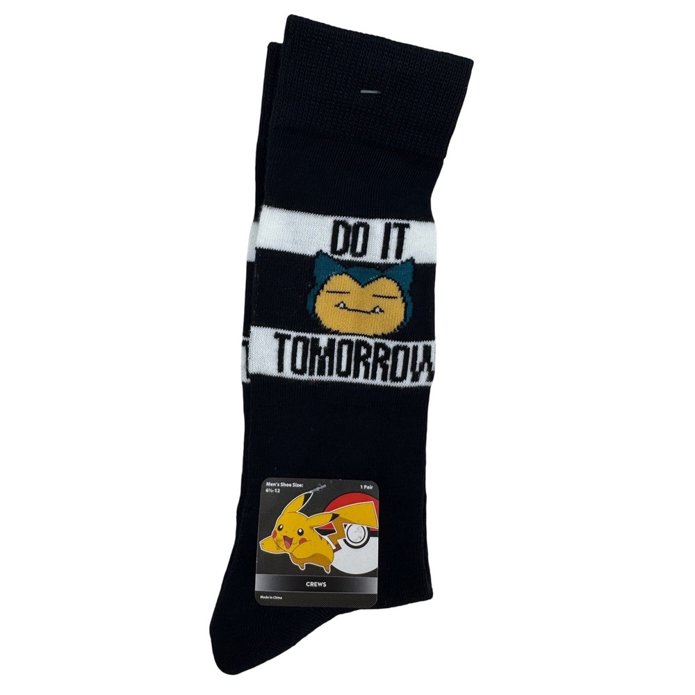 Pokemon Snorlax Do It‎ Tomorrow Crew Socks Mens Shoe Size 6.5-12 Black White